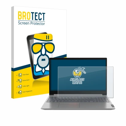 Parte frontal de un envase de producto con el logotipo de la marca BROTECT. Al lado se muestra el dispositivo Lenovo ThinkBook