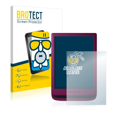 Parte frontal de un envase de producto con el logotipo de la marca BROTECT. Al lado se muestra el dispositivo PocketBook Touch