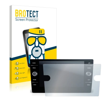 Parte frontal de un envase de producto con el logotipo de la marca BROTECT. Al lado se muestra el dispositivo Volkswagen T-Roc