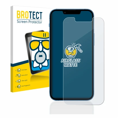 Parte frontal de un envase de producto con el logotipo de la marca BROTECT. Al lado se muestra el dispositivo Apple iPhone 13 