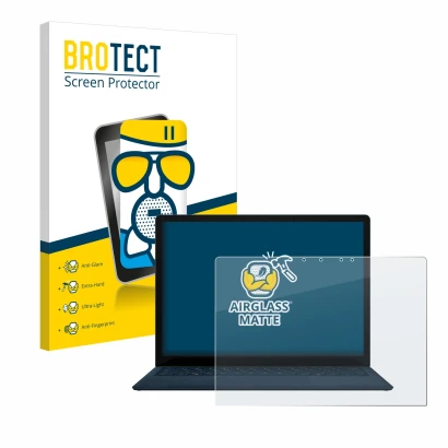 Parte frontal de un envase de producto con el logotipo de la marca BROTECT. Al lado se muestra el dispositivo Microsoft Surfac