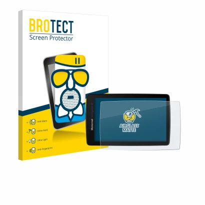 Parte frontal de un envase de producto con el logotipo de la marca BROTECT. Al lado se muestra el dispositivo BMW Navigator VI