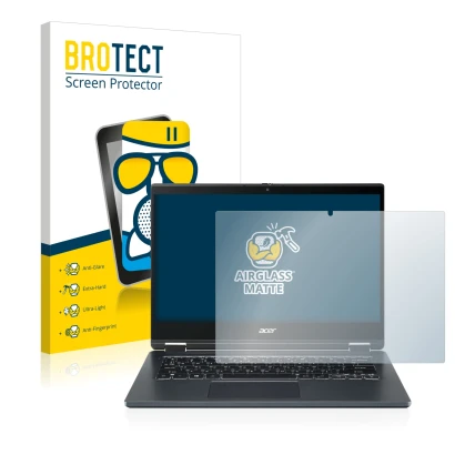 Parte frontal de un envase de producto con el logotipo de la marca BROTECT. Al lado se muestra el dispositivo Acer TravelMate 