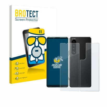 Parte frontal de un envase de producto con el logotipo de la marca BROTECT. Al lado se muestra el dispositivo Sony Xperia 5 II