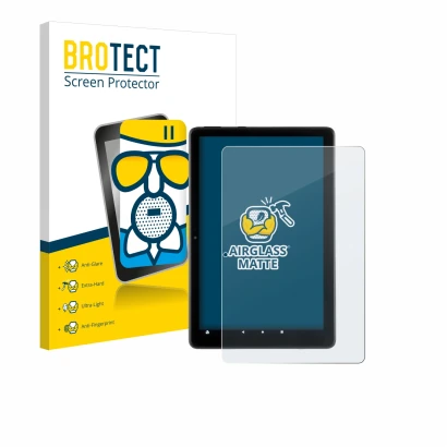 Parte frontal de un envase de producto con el logotipo de la marca BROTECT. Al lado se muestra el dispositivo Amazon Fire HD 1