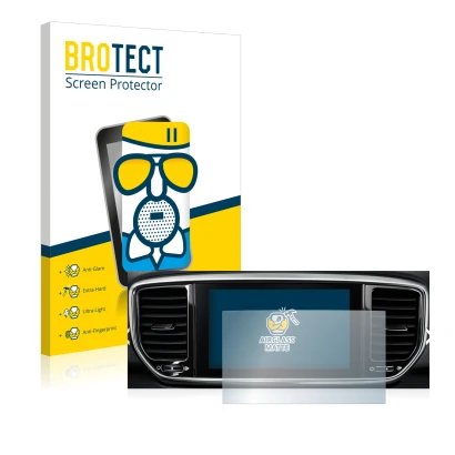 Parte frontal de un envase de producto con el logotipo de la marca BROTECT. Al lado se muestra el dispositivo Kia Sportage QLP