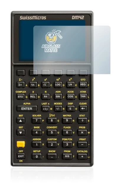 Imagen del dispositivo SwissMicros DM42 con una amplia variedad de protectores de pantalla.