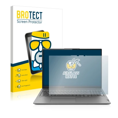 Parte frontal de un envase de producto con el logotipo de la marca BROTECT. Al lado se muestra el dispositivo Lenovo Yoga Slim