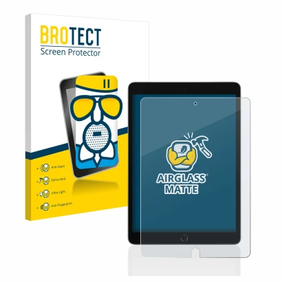 Parte frontal de un envase de producto con el logotipo de la marca BROTECT. Al lado se muestra el dispositivo Apple iPad 10.2