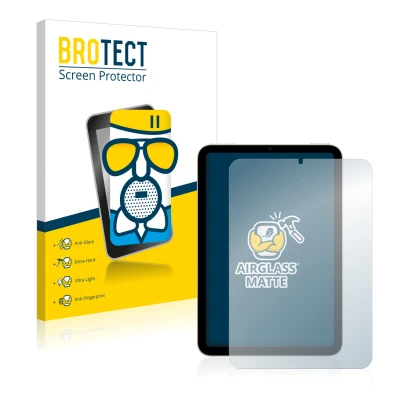 Parte frontal de un envase de producto con el logotipo de la marca BROTECT. Al lado se muestra el dispositivo Apple iPad Mini 