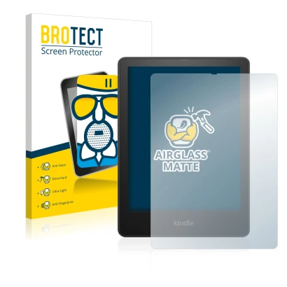 Parte frontal de un envase de producto con el logotipo de la marca BROTECT. Al lado se muestra el dispositivo Amazon Kindle Pa