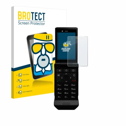 Parte frontal de un envase de producto con el logotipo de la marca BROTECT. Al lado se muestra el dispositivo Caterpillar Cat 