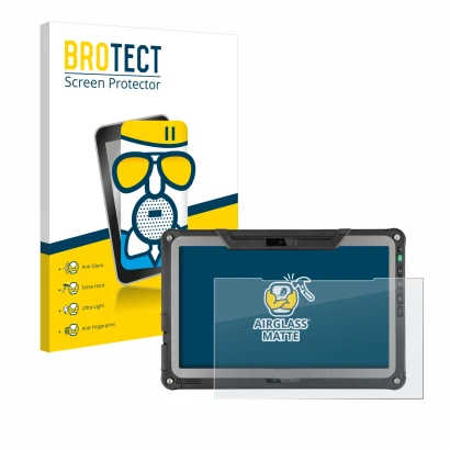 Parte frontal de un envase de producto con el logotipo de la marca BROTECT. Al lado se muestra el dispositivo Getac F110 G6 co