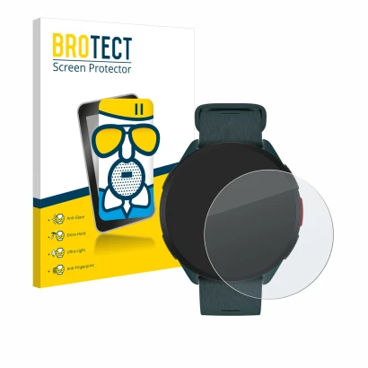 Parte frontal de un envase de producto con el logotipo de la marca BROTECT. Al lado se muestra el dispositivo Polar Pacer con 