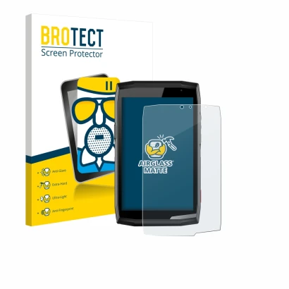 Parte frontal de un envase de producto con el logotipo de la marca BROTECT. Al lado se muestra el dispositivo Crosscall Core T