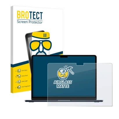 Parte frontal de un envase de producto con el logotipo de la marca BROTECT. Al lado se muestra el dispositivo Apple MacBook Ai