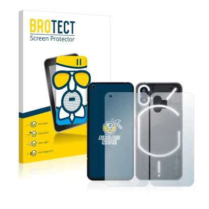 Parte frontal de un envase de producto con el logotipo de la marca BROTECT. Al lado se muestra el dispositivo Nothing Phone (1