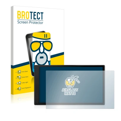 Parte frontal de un envase de producto con el logotipo de la marca BROTECT. Al lado se muestra el dispositivo Garmin DriveSmar