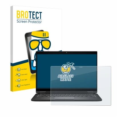 Parte frontal de un envase de producto con el logotipo de la marca BROTECT. Al lado se muestra el dispositivo Dell Latitude 73