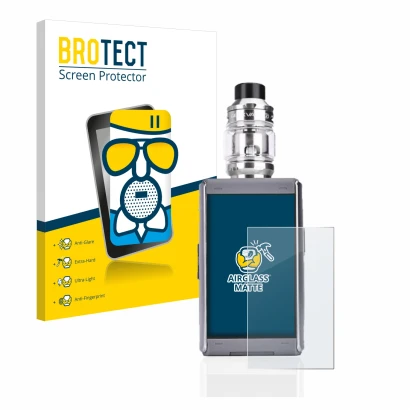 Parte frontal de un envase de producto con el logotipo de la marca BROTECT. Al lado se muestra el dispositivo GeekVape T200 co