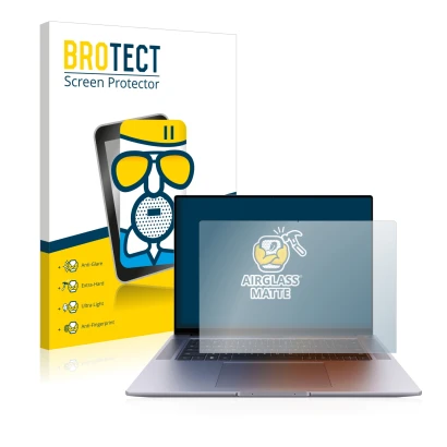 Parte frontal de un envase de producto con el logotipo de la marca BROTECT. Al lado se muestra el dispositivo Huawei MateBook 