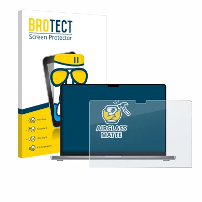 Parte frontal de un envase de producto con el logotipo de la marca BROTECT. Al lado se muestra el dispositivo Apple MacBook Pr