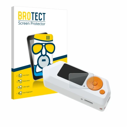 Parte frontal de un envase de producto con el logotipo de la marca BROTECT. Al lado se muestra el dispositivo Flipper Zero FZ.