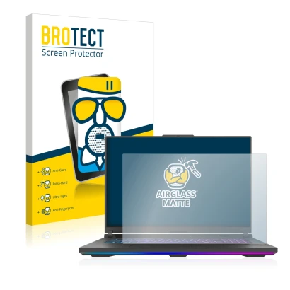 Parte frontal de un envase de producto con el logotipo de la marca BROTECT. Al lado se muestra el dispositivo ASUS ROG Strix G