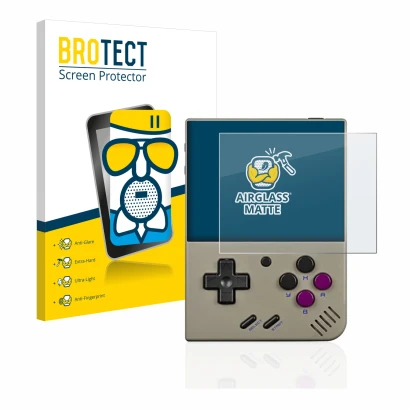 Parte frontal de un envase de producto con el logotipo de la marca BROTECT. Al lado se muestra el dispositivo Miyoo Mini Plus 