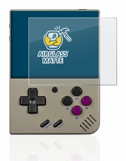 Imagen del dispositivo Miyoo Mini Plus con una amplia variedad de protectores de pantalla.