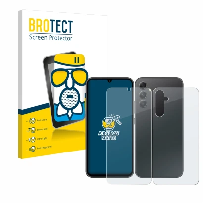 Parte frontal de un envase de producto con el logotipo de la marca BROTECT. Al lado se muestra el dispositivo Samsung Galaxy A