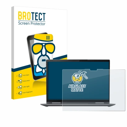 Parte frontal de un envase de producto con el logotipo de la marca BROTECT. Al lado se muestra el dispositivo Lenovo ThinkPad 