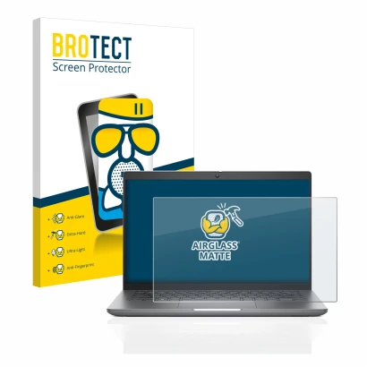 Parte frontal de un envase de producto con el logotipo de la marca BROTECT. Al lado se muestra el dispositivo Dell Latitude 54