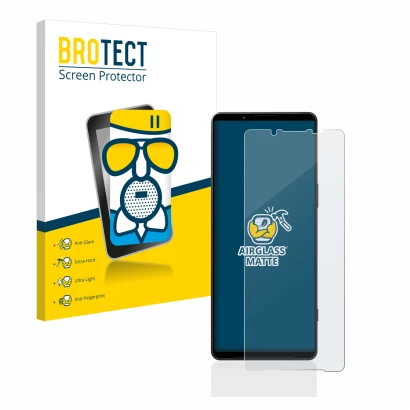 Parte frontal de un envase de producto con el logotipo de la marca BROTECT. Al lado se muestra el dispositivo Sony Xperia 1 V 