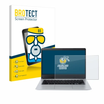 Parte frontal de un envase de producto con el logotipo de la marca BROTECT. Al lado se muestra el dispositivo Acer Chromebook 