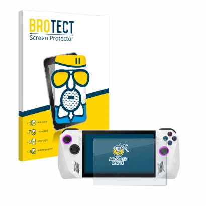 Parte frontal de un envase de producto con el logotipo de la marca BROTECT. Al lado se muestra el dispositivo ASUS ROG Ally (2