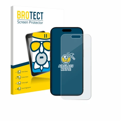 Parte frontal de un envase de producto con el logotipo de la marca BROTECT. Al lado se muestra el dispositivo Apple iPhone 15 