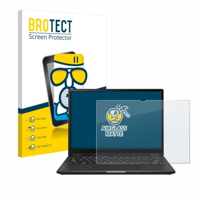 Parte frontal de un envase de producto con el logotipo de la marca BROTECT. Al lado se muestra el dispositivo ASUS ROG Flow X1