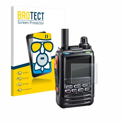 Parte frontal de un envase de producto con el logotipo de la marca BROTECT. Al lado se muestra el dispositivo Yaesu FT-5DE/DR 