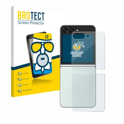 Parte frontal de un envase de producto con el logotipo de la marca BROTECT. Al lado se muestra el dispositivo Samsung Galaxy Z