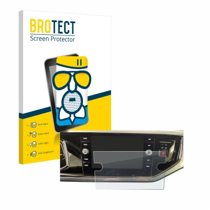 Parte frontal de un envase de producto con el logotipo de la marca BROTECT. Al lado se muestra el dispositivo Volkswagen Polo