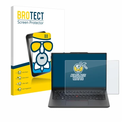 Parte frontal de un envase de producto con el logotipo de la marca BROTECT. Al lado se muestra el dispositivo Lenovo ThinkPad 