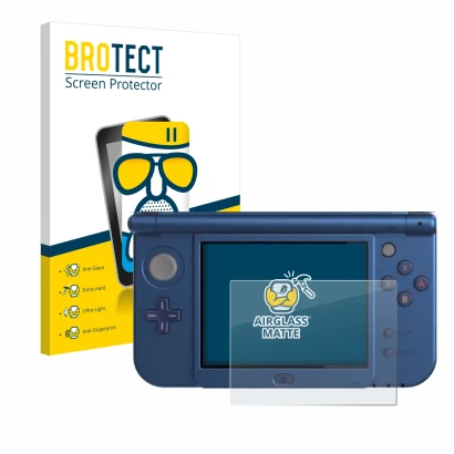 Parte frontal de un envase de producto con el logotipo de la marca BROTECT. Al lado se muestra el dispositivo Nintendo New 3DS
