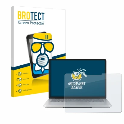 Parte frontal de un envase de producto con el logotipo de la marca BROTECT. Al lado se muestra el dispositivo Microsoft Surfac