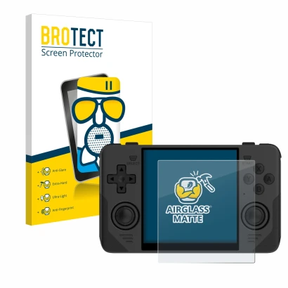 Parte frontal de un envase de producto con el logotipo de la marca BROTECT. Al lado se muestra el dispositivo Powkiddy RGB30 c