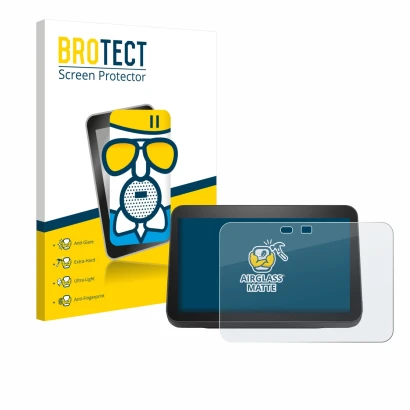 Parte frontal de un envase de producto con el logotipo de la marca BROTECT. Al lado se muestra el dispositivo Amazon Echo Show