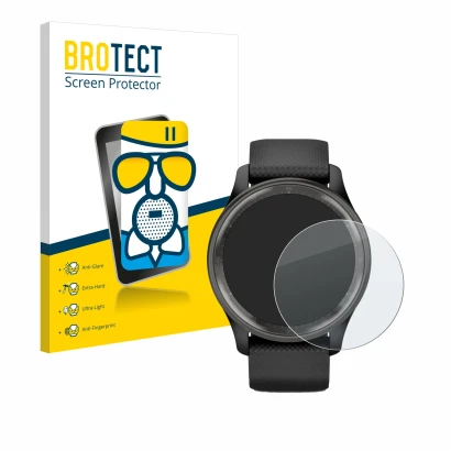 Parte frontal de un envase de producto con el logotipo de la marca BROTECT. Al lado se muestra el dispositivo Garmin Vivomove 