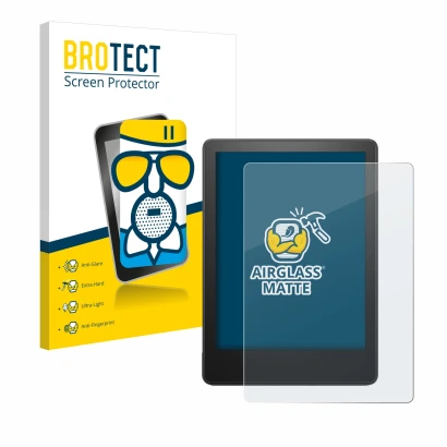 Parte frontal de un envase de producto con el logotipo de la marca BROTECT. Al lado se muestra el dispositivo Amazon Kindle Pa