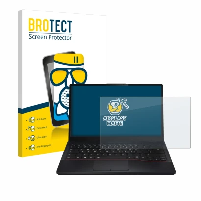 Parte frontal de un envase de producto con el logotipo de la marca BROTECT. Al lado se muestra el dispositivo Fujitsu Lifebook