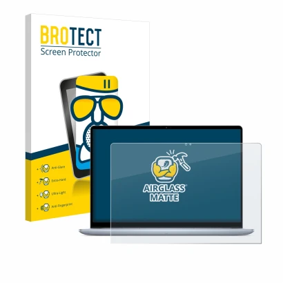 Parte frontal de un envase de producto con el logotipo de la marca BROTECT. Al lado se muestra el dispositivo Dell Inspiron 16